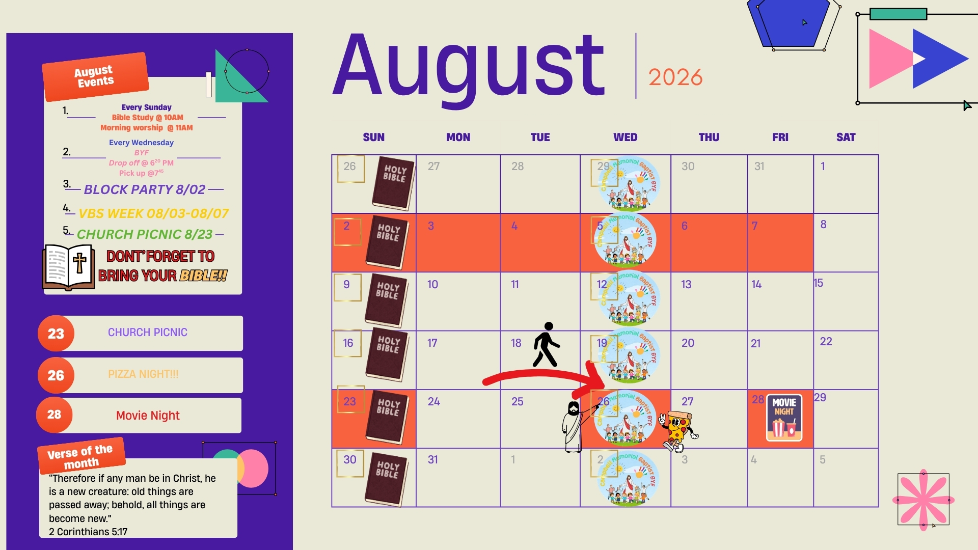 Campbell Memorial Baptist Church August 2026 calendar poster