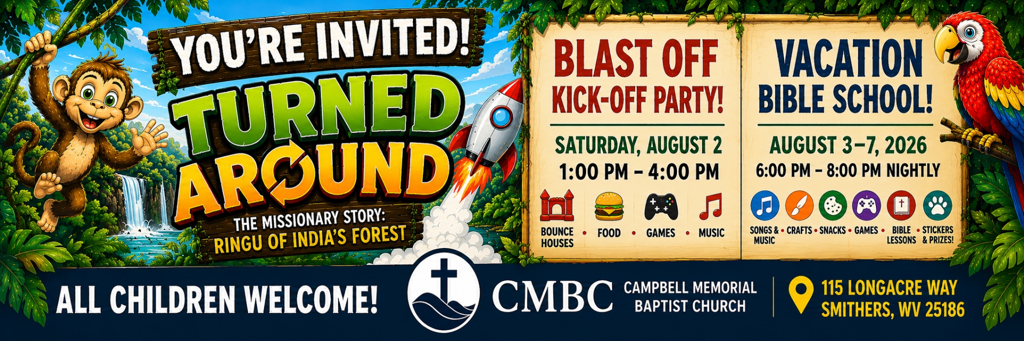 Turned Around Vacation Bible School banner with dates and church location