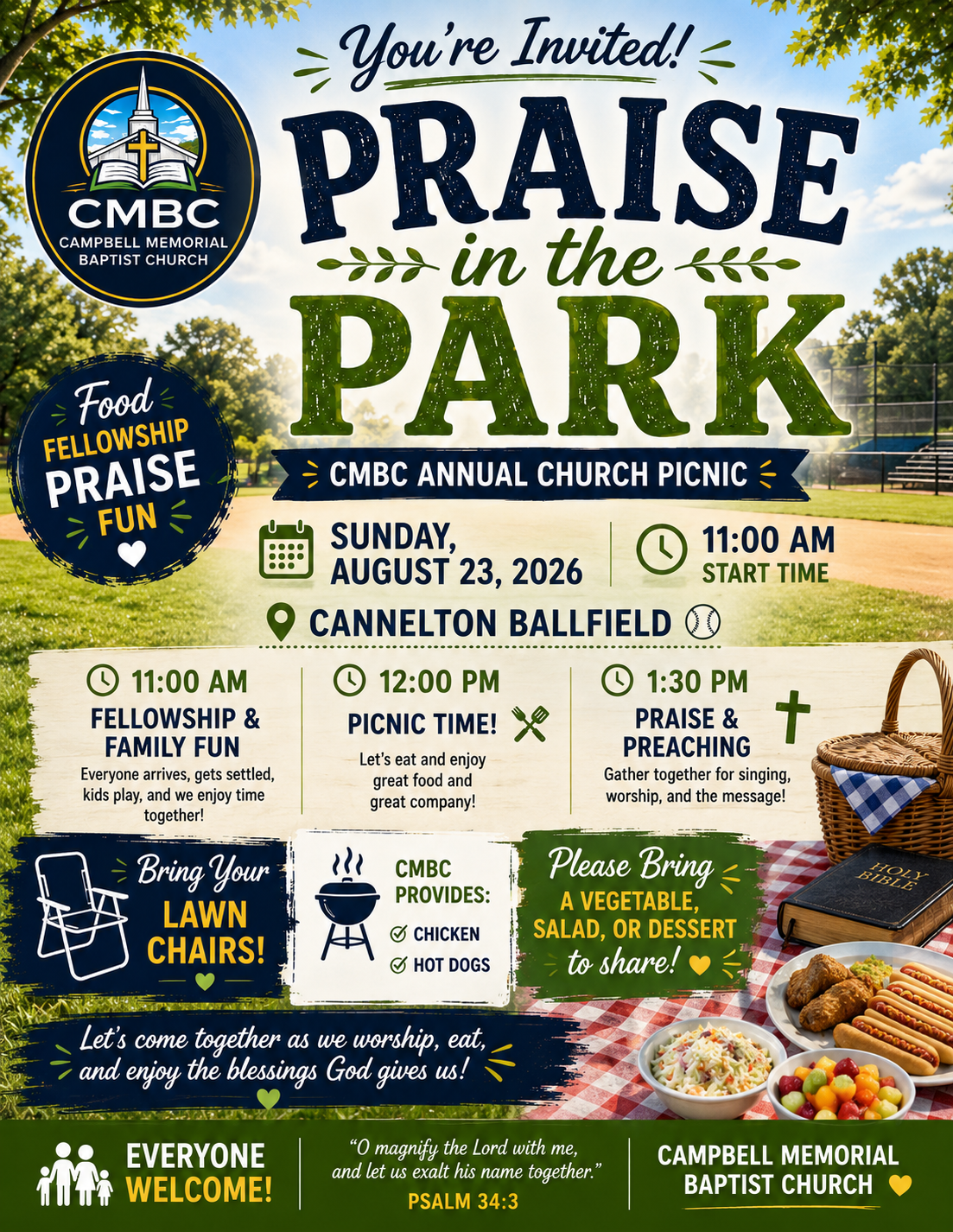 Praise in the Park CMBC Annual Church Picnic flyer with schedule and food details
